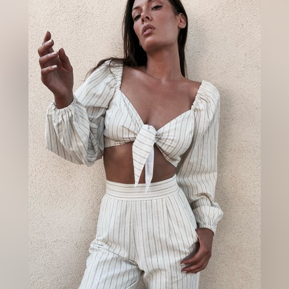 STONE COLD FOX LINEN STRIPE SET HONEYMOON BRIDAL WINERY VACATION SELENA GOMEZ